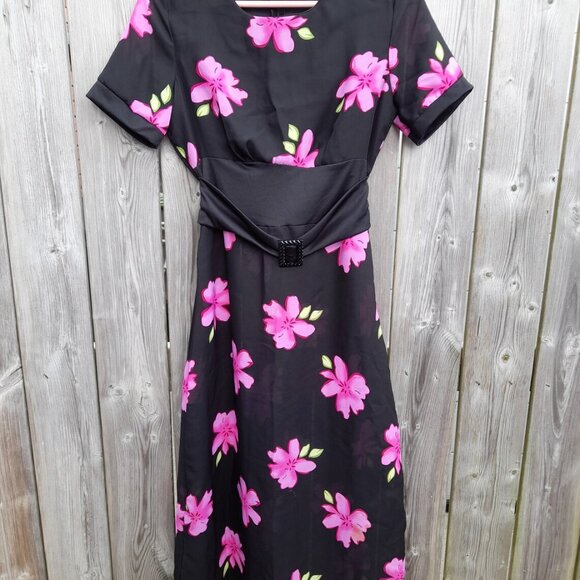 Handmade Dress Black Pink Floral Sheer 36"B 28"W Stretchy Mennonite - Picture 3 of 11